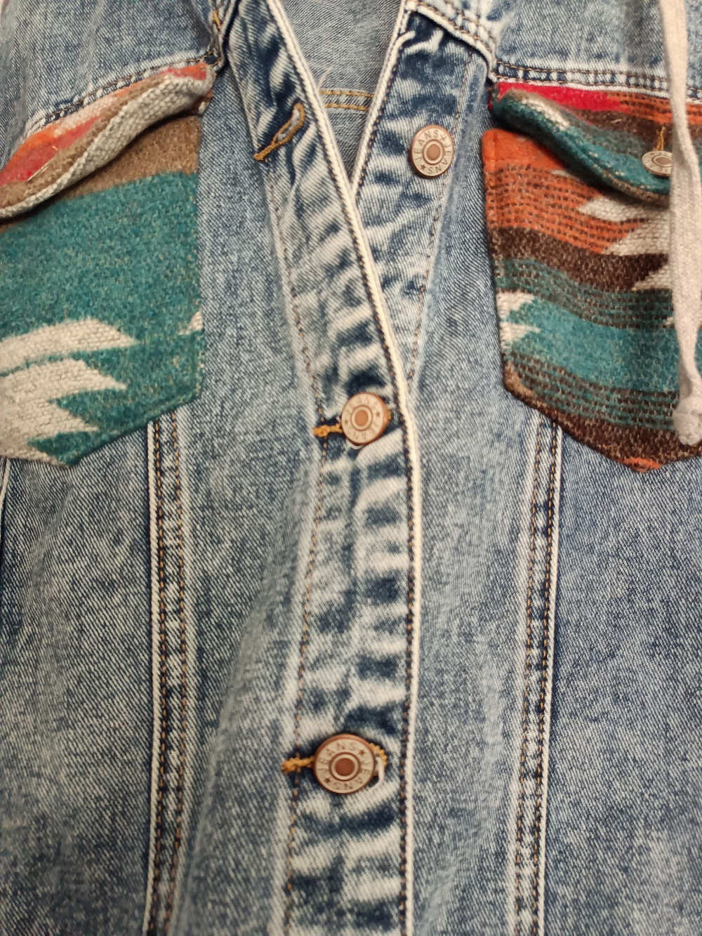 Denim Hooded Jacket with Aztec Trim - Blue/Teal - Picture 2 of 4